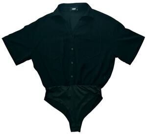 NWOT Cider V-Neck Woven Collar Oversized Short Sleeve Black Bodysuit 10